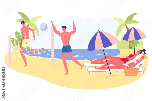 Couples Spend Weekend Together on Beach, Cartoon.