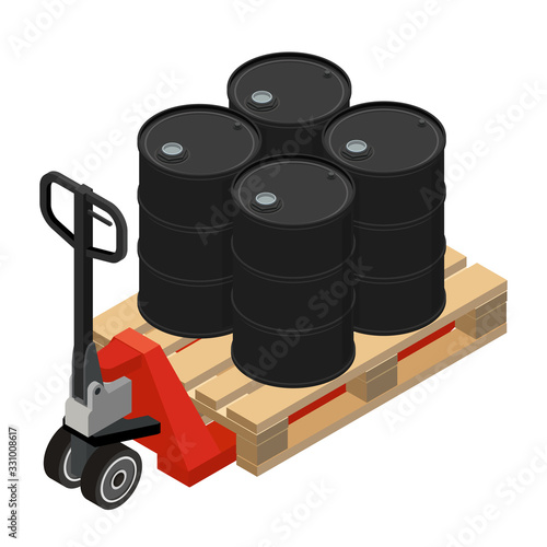 Barrels on a pallet, hand pallet truck. Isometric design. 3D Render. Vector illustration.