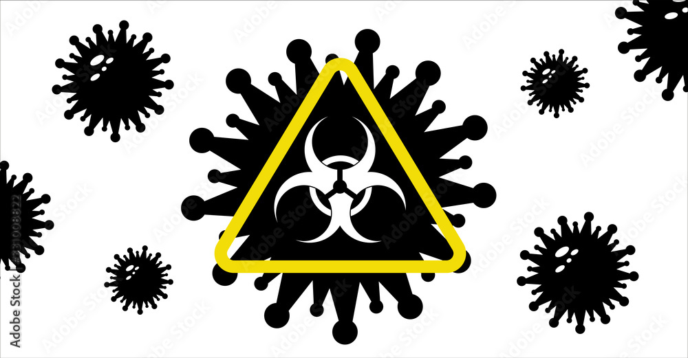 Pandemic coronavirus COVID-19 warning concept. Banner with caution biohazard sign and virus symbols. Coronavirus outbreak quarantine template.