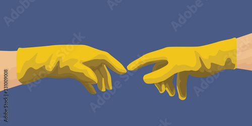 Concept de l’hygiène avec les mains de Michel Ange qui pointent leurs doigts en ayant enfilées des gants de latex pour se protéger de la propagation d’un virus.
