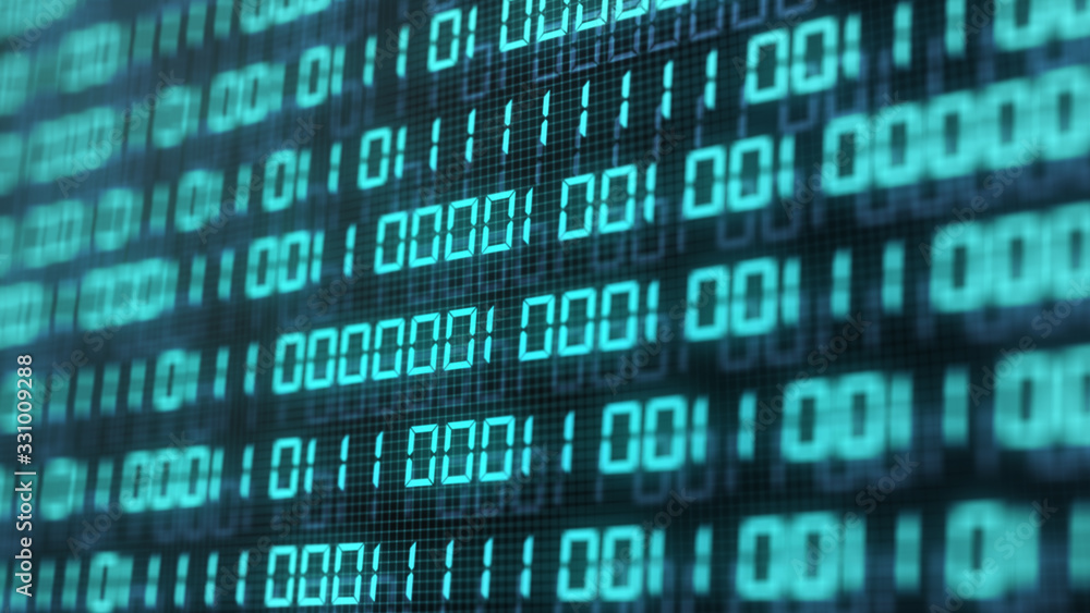 Digital binary code number on computer screen background. Blue green ...