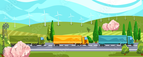 Vector stock illustration with highway, wind turbines, trees in bloom and trucks. Horizontal road landscape with lorries, fields and blue sky. Concept for delivery companies.