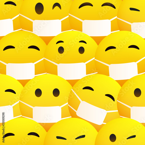 Background with Various Emoticons Pattern with Medical Mask on Yellow Background - Vector Design