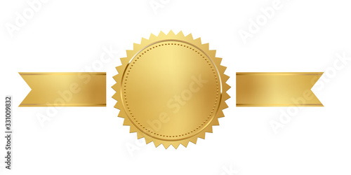 Golden stamp with horizontal ribbons isolated on white background. Luxury seal. Vector design element.