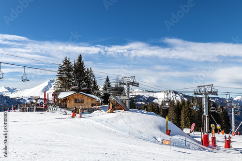 View of the bar in the arrival of the cable cars in the ski area of Morzine - France