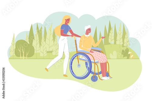 Woman Assisting Disabled Grandmother for Walk.