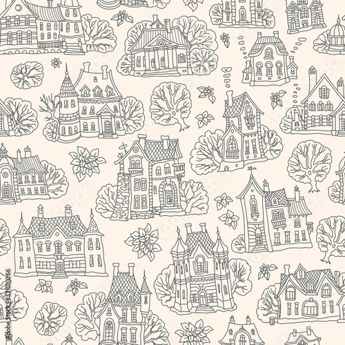 Seamless pattern of fantasy urban landscape. Fairy tale castle, old town houses. Hand drawn doodle sketch on a light beige background.Black and beige print, adults and children coloring book page