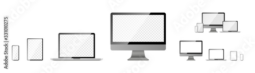 Devices screen mockup collection. Computer screen, laptop, tablet and mobile phone, isolated on white background. Devices with blank screen in realistic design. Vector illustration