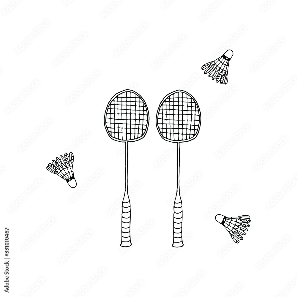 Badminton, two rackets and shuttlecocks for playing badminton. Outdoor summer games. Stock vector hand drawn illustration, isolated on white background. Simple outline doodle design. Badminton, two rackets and shuttlecocks for playing badminton. Outdoor summer games. Stock vector hand drawn illustration, isolated on white background. Simple outline doodle design.