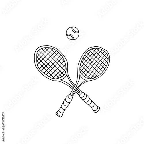 Tennis. Two rackets and a tennis ball. Outdoor summer games. Stock vector hand drawn illustration, isolated on white background. Simple outline doodle design.