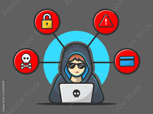 Hacker Operating A Laptop Vector Icon Illustration. Hacker And Laptop. Hacker And Technology Icon Concept White Isolated. Flat Cartoon Style Suitable for Web Landing Page, Banner, Sticker, Background