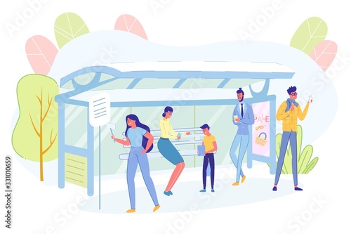 People Stand on Bus Stop and Chatting Mobile Phone