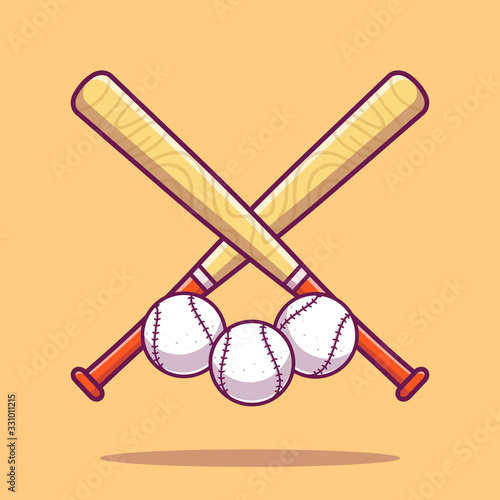Baseball Vector Icon Illustration. Baseball Sticks And Ball, Sport Icon Concept White Isolated. Flat Cartoon Style Suitable for Web Landing Page, Banner, Sticker, Background