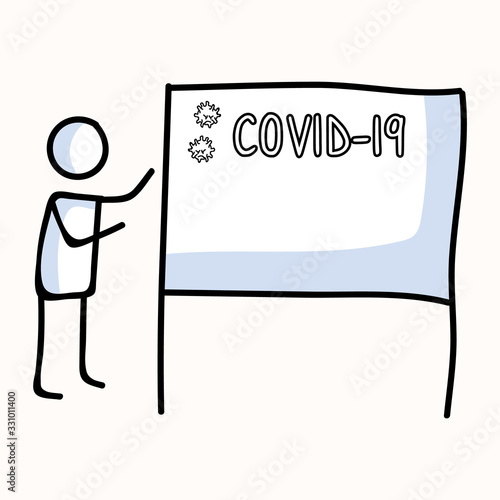 Corona virus covid 19 stickman explainer infographic. Viral spread news broadcast alert. Educational graphic design clipart. Icon set in color and black white. Vector flu safety caution awareness.  