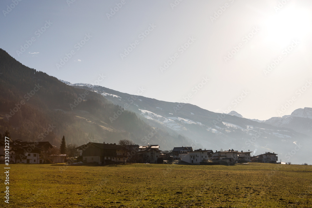 Alpine village on a background of mountains. Mayrhofen, Austria. Morning. Sunrise.