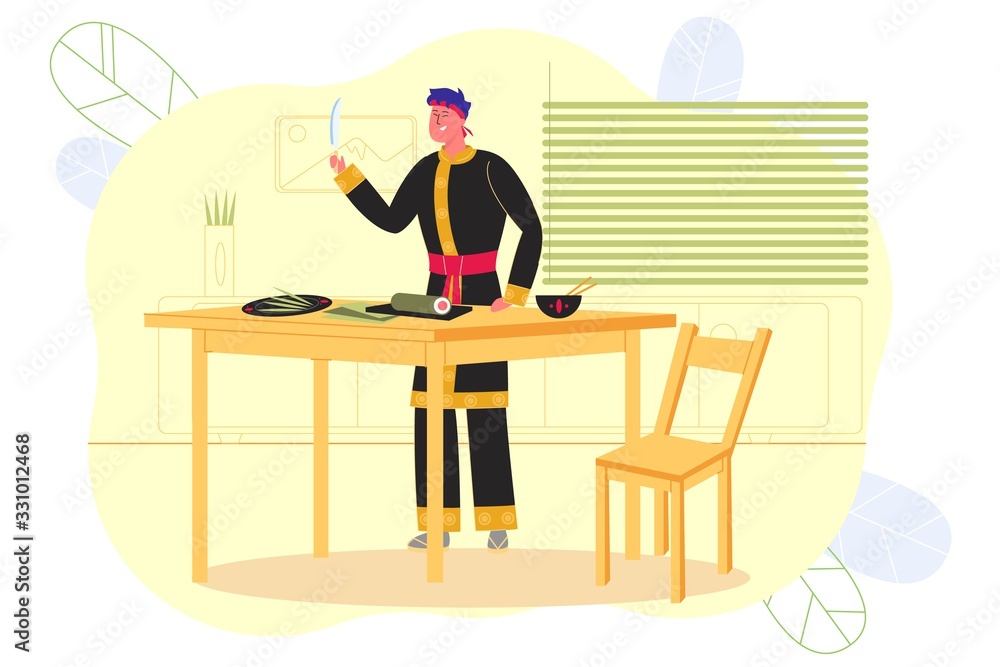 Man Preparing Sushi in Asian Restaurant, Banner.