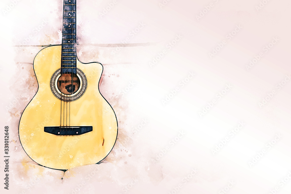 Abstract colorful acoustic guitar on watercolor illustration painting background.
