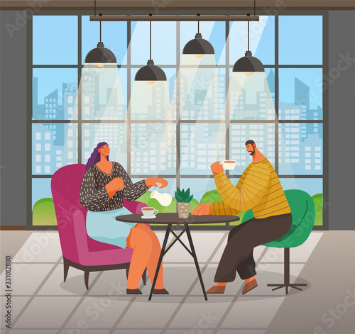 People on meeting drink coffee and talk in cafe. Man and woman sit on armchairs and have lunch. Coffeehouse with big window and urban cityscape. Cozy homelike interior. Vector illustration in flat