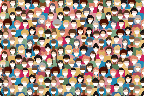Large crowd of diverse people wearing masks to prevent virus spread. Global corona virus pandemic concept vector illustration. Seamless pattern.