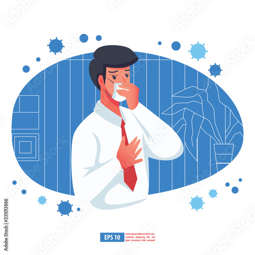 Flu sickness by corona virus concept. Sick person having cold. Ill man headache. Flu illness person. Flat design vector illustration