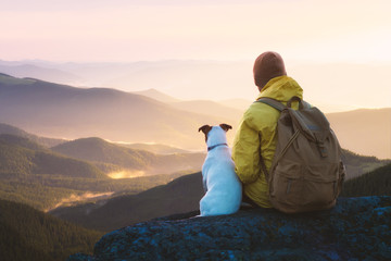 Alone tourist sitting on the edge of the cliff with white dog against the backdrop of an incredible sunrise mountains with flowing fog. Landscape photography