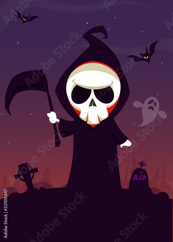 Cute cartoon grim reaper. Halloween vector illustration
