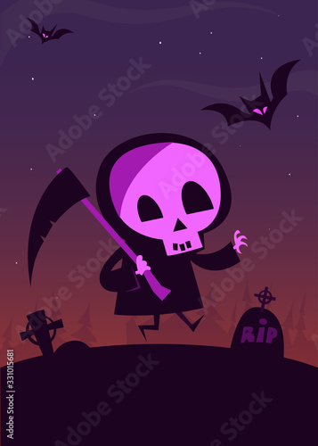Cute cartoon grim reaper. Halloween vector illustration