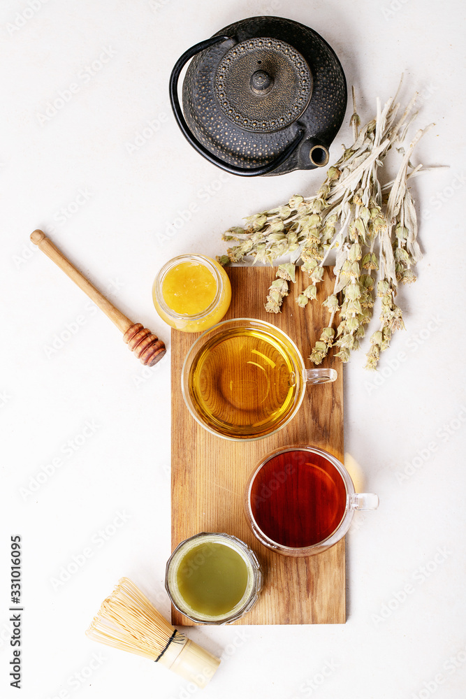 Variety of green, black and matcha tea Variety of green, black and matcha tea