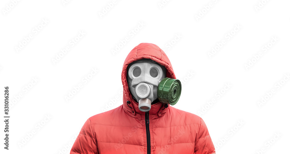 man in a gas mask and a hood on a white background