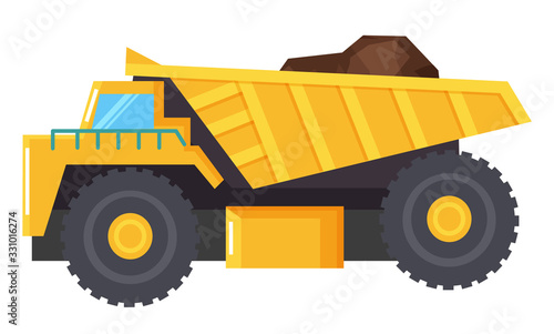 Big lorry for coal mining industry. Yellow industrial backhoe used to transport large amount of earth. Motor vehicle for cargo transportation. Vector illustration of raw transportation in flat style