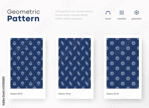 Set of seamless geometric patterns. Blue and white line backgrounds collection. Endless repeating linear texture for wallpaper,packaging, banners, invitations, business cards, fabric print, firm stile