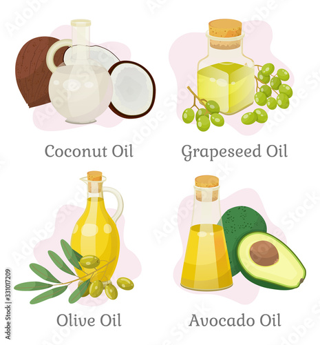 Collection of oils and essences for hair growth and care, isolated coconut and olive, grapeseed and avocado ingredients for masks and skin. Ecological cosmetics with organic ingredients, vector