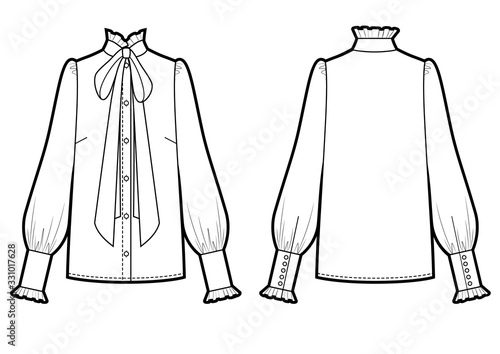 Vector illustration of women's tie neck blouse. Front and back