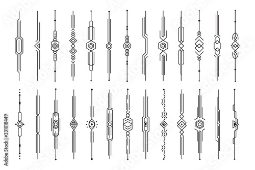 Dividers collection, vertical decorative lines, set of futuristic border lines, scroll bar templates for web page interface, ui, book pages, card and menu. Isolated vector illustration.