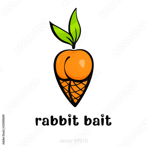 Rabbit bait. Funny drawn carrot with the outlines of sexy woman's body with a mesh stockings. Green double leaf alludes at the bunny's ears. Cartoon metaphor about erotic manipulation of a male lust.
