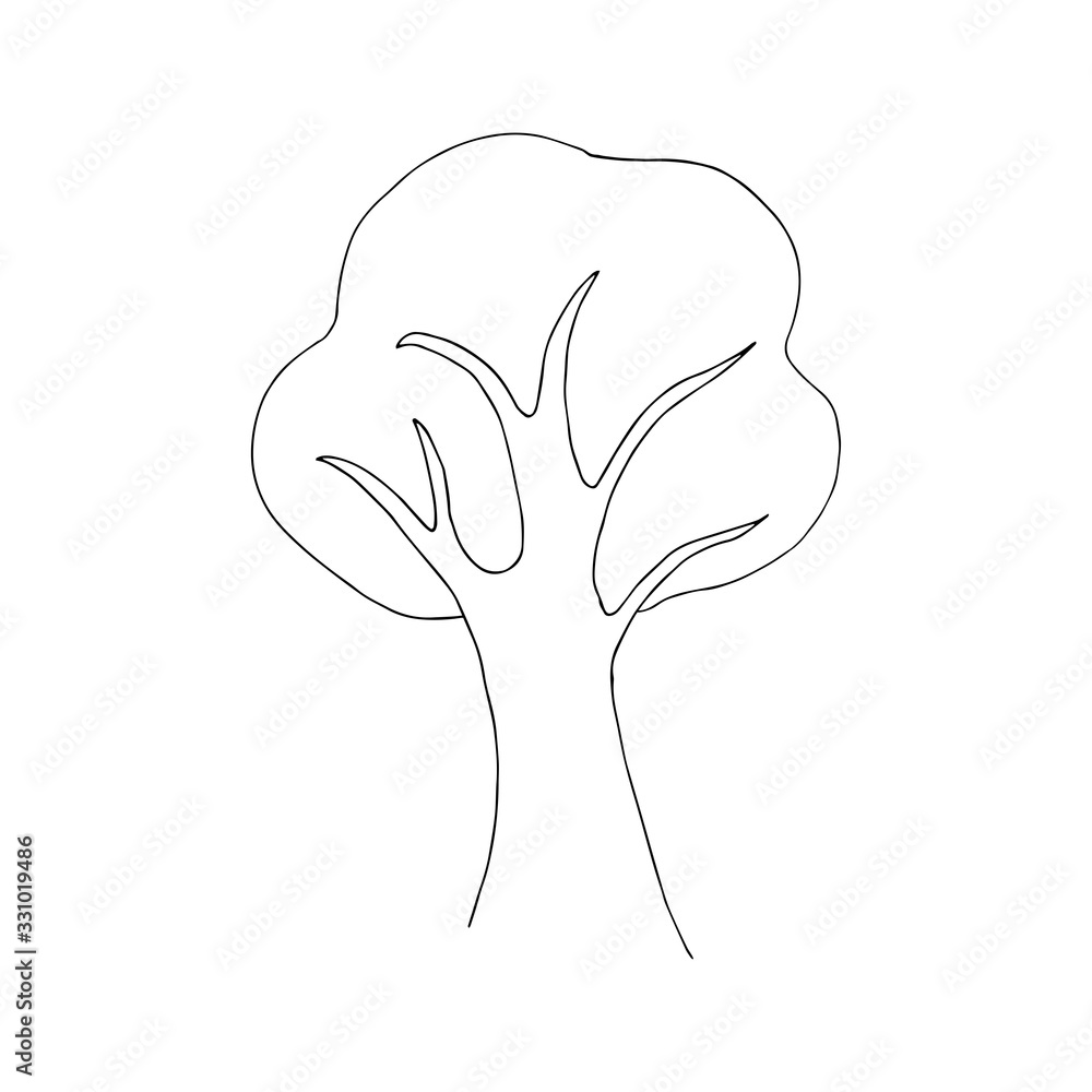 Beautiful tree with spreading branches on a white background. National Forest Day. The concept of conservation of nature. Spring or summer doodle style black and white illustration. National arbor day Beautiful tree with spreading branches on a white background. National Forest Day. The concept of conservation of nature. Spring or summer doodle style black and white illustration. National arbor day