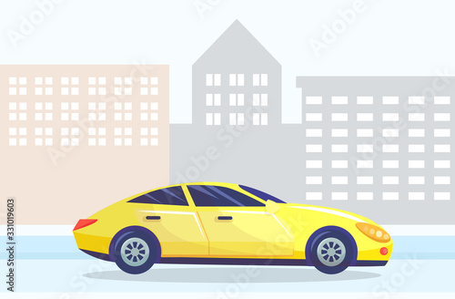 Car on road passing downtown of city. Street with buildings and architecture of town. Yellow cab automobile with skyline. Traveling and sightseeing using rented vehicles. Vector in flat style