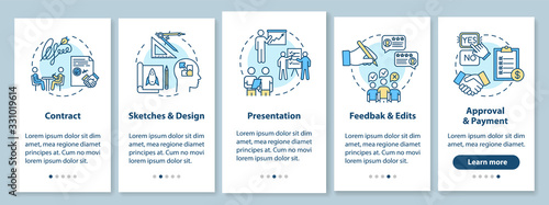Project development stages onboarding mobile app page screen with concepts. Work process steps walkthrough 5 steps graphic instructions. UI vector template with RGB color illustrations