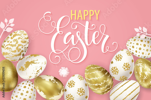 Happy Easter lettering, painted eggs. Spring holidays, Easter background. Vector illustration EPS10.