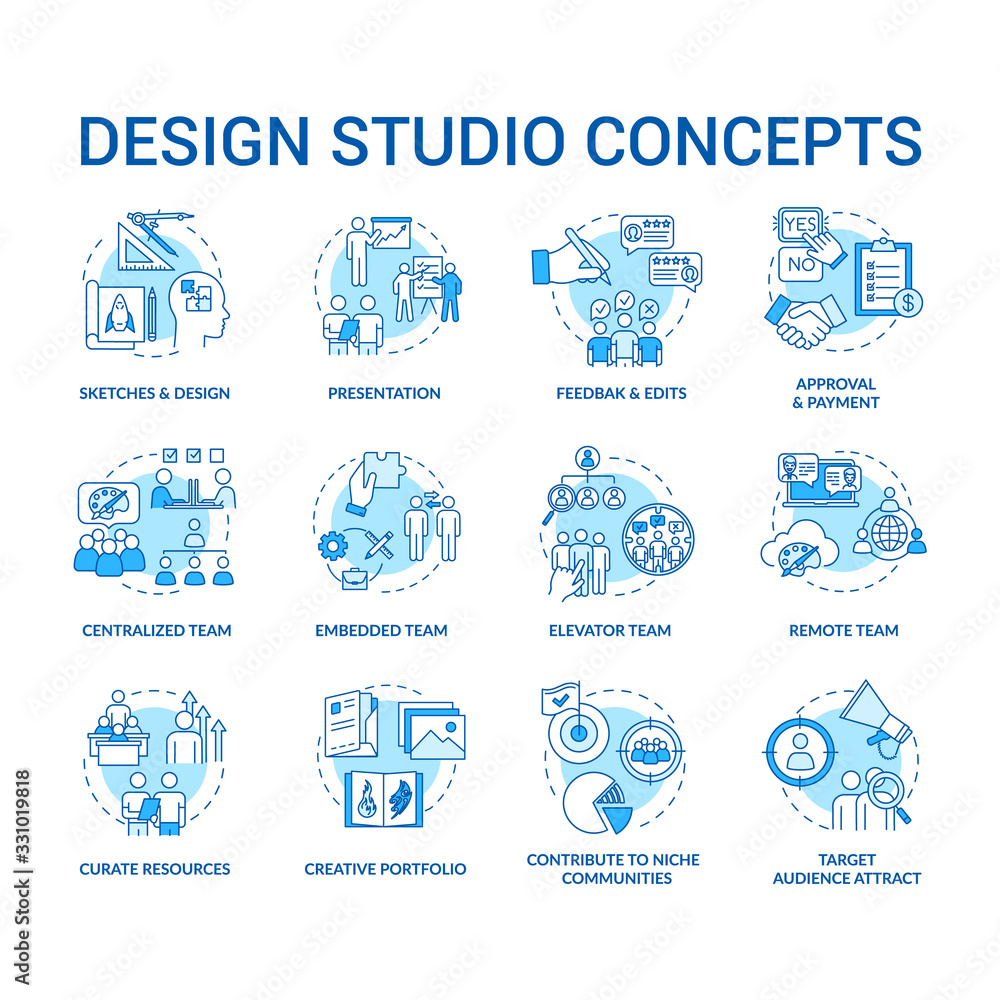 Design studio, workshop concept icons set. Designers team types and creative process steps idea thin line RGB color illustrations. Vector isolated outline drawings. Editable stroke