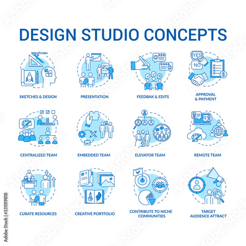 Design studio, workshop concept icons set. Designers team types and creative process steps idea thin line RGB color illustrations. Vector isolated outline drawings. Editable stroke