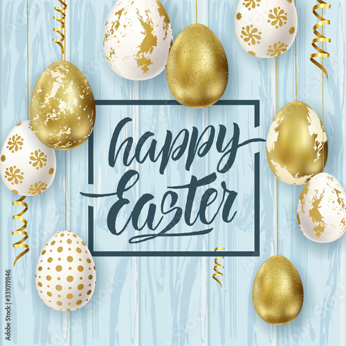 Happy Easter lettering, painted eggs. Spring holidays, Easter background. Vector illustration EPS10.