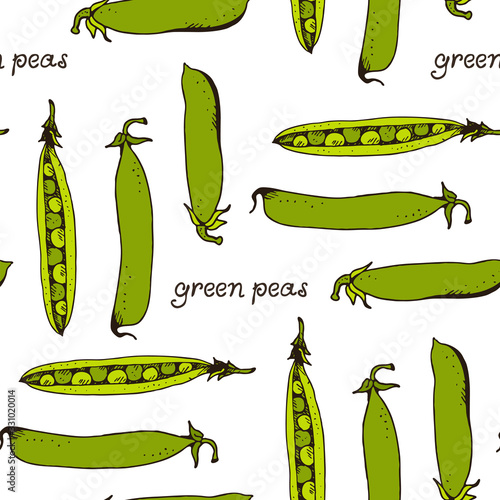 Green peas seamless pattern, hand drawn vector sketch isolated on white background