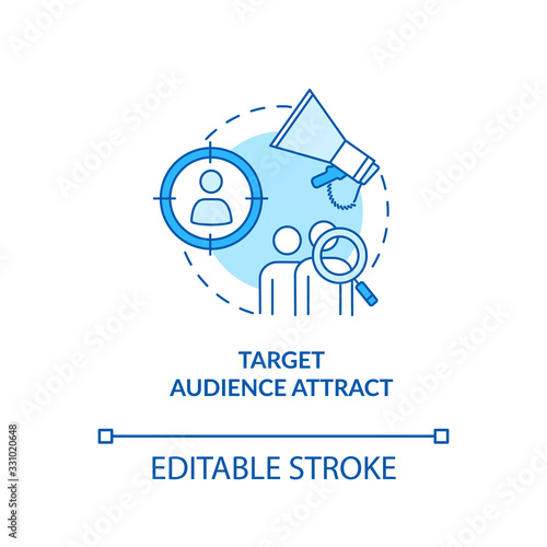 Target audience search and attraction concept icon. Marketing strategy idea thin line illustration. Product and studio promotion. Vector isolated outline RGB color drawing. Editable stroke