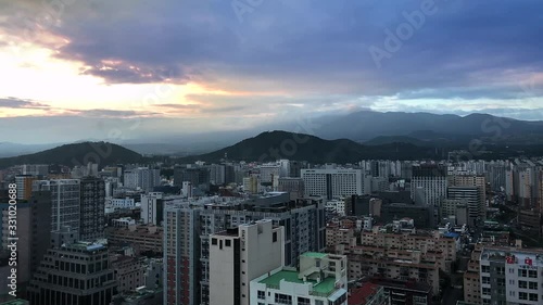 Jeju town, morning sunrise timelapse in city with volcano view