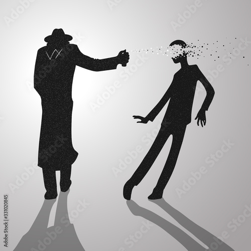 Poisoning by lethal nerve agent. Noir sneaky spy attacks his victim by synthetic toxic chemical compound. Dirty spray blows someone's head off. Grim metaphor. Vector inky silhouettes.
