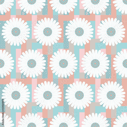 Seamless pattern with white daisies on black background. Vector illustration.