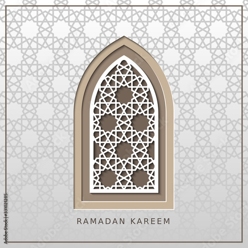 Ramadan kareem, generous Ramadan, card with arabic window. Vector papercut geometric template of card for ramadan greeting.