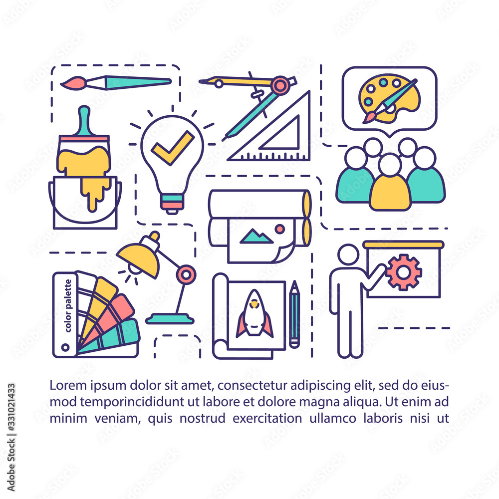 Collaborative teamwork concept icon with text. Working on creative project. Artist community. PPT page vector template. Brochure, magazine, booklet design element with linear illustrations Collaborative teamwork concept icon with text. Working on creative project. Artist community. PPT page vector template. Brochure, magazine, booklet design element with linear illustrations