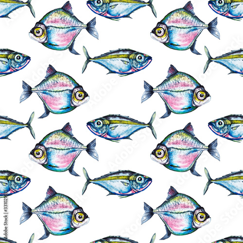 Foto Seamless pattern of different marine  big-eyed fish, swimming in opposite sides